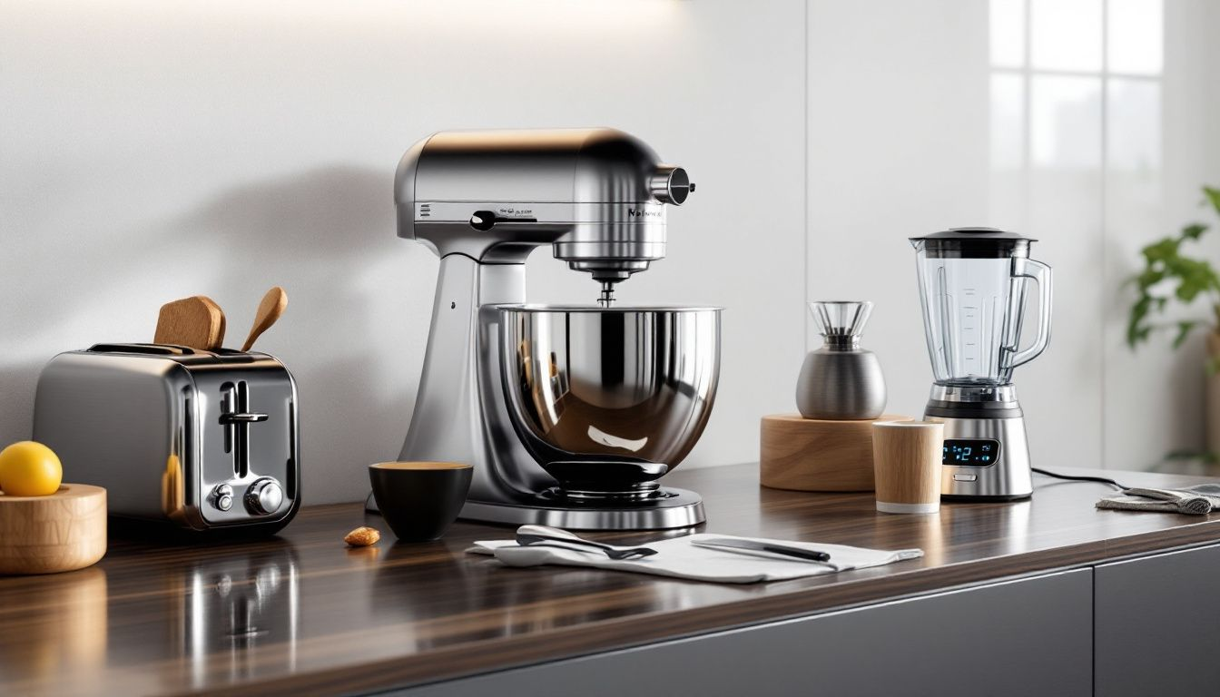 counter with kitchen aid mixer and blender with other kitchen gadgets on the counter.