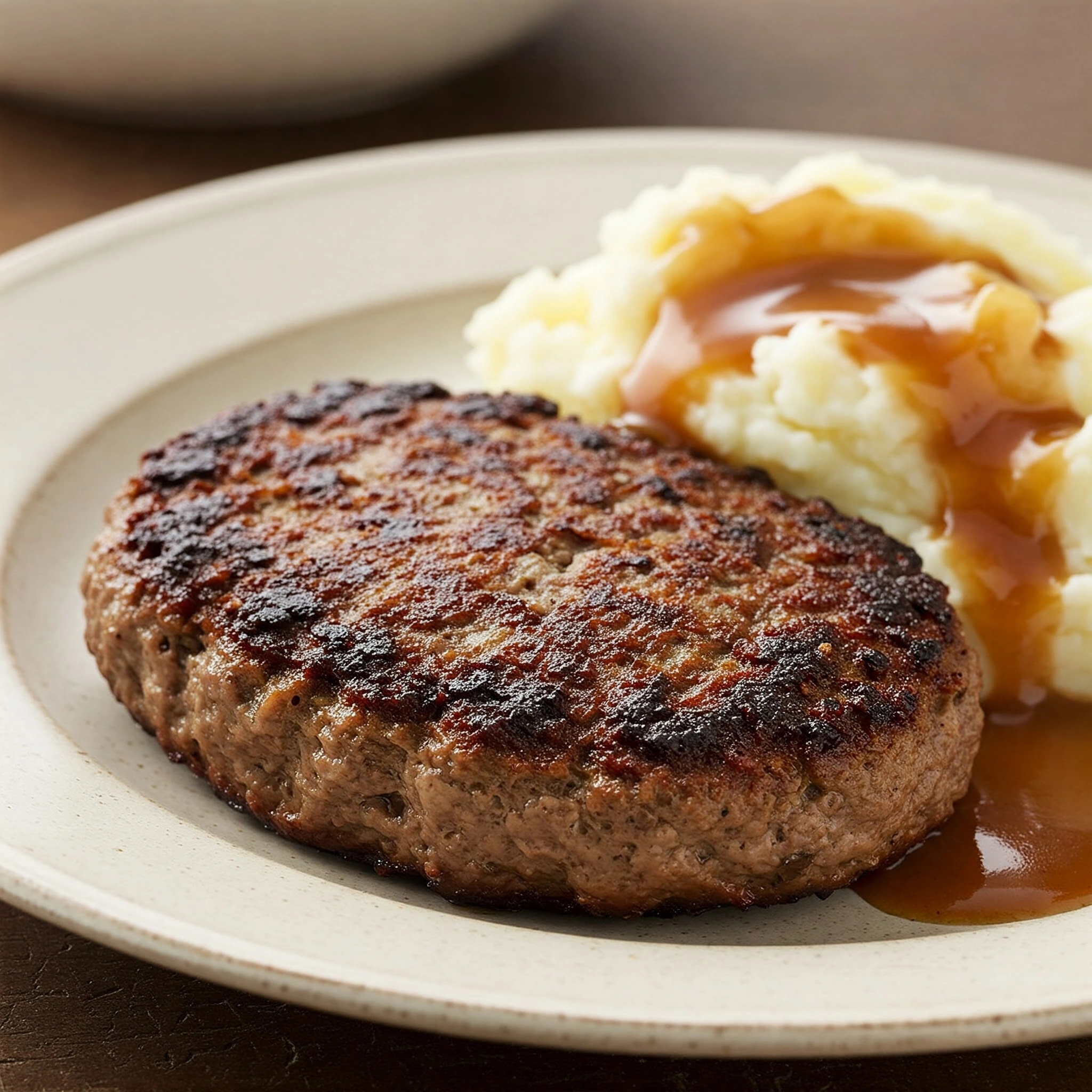 The perfect poor man's steak with mashed potatoes and brown gravy