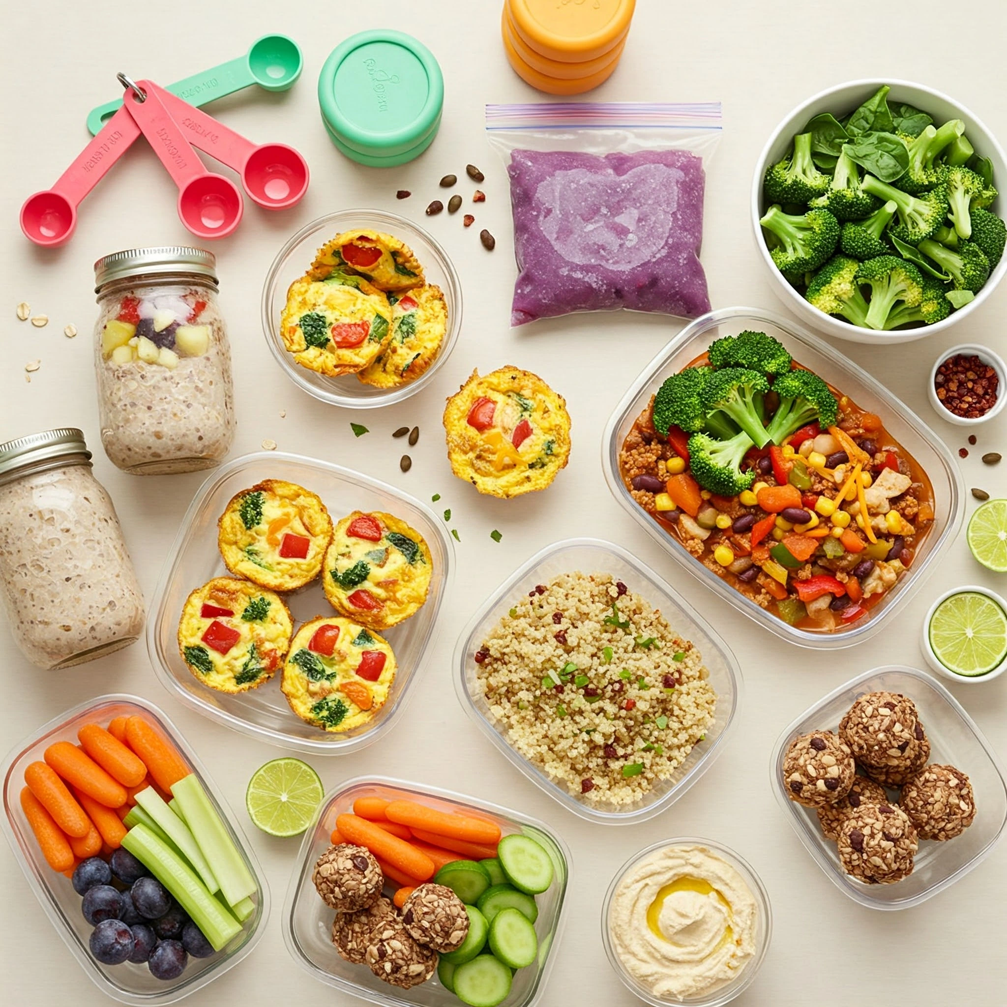 Prepped meals in various containers with healthy and colorful meals.