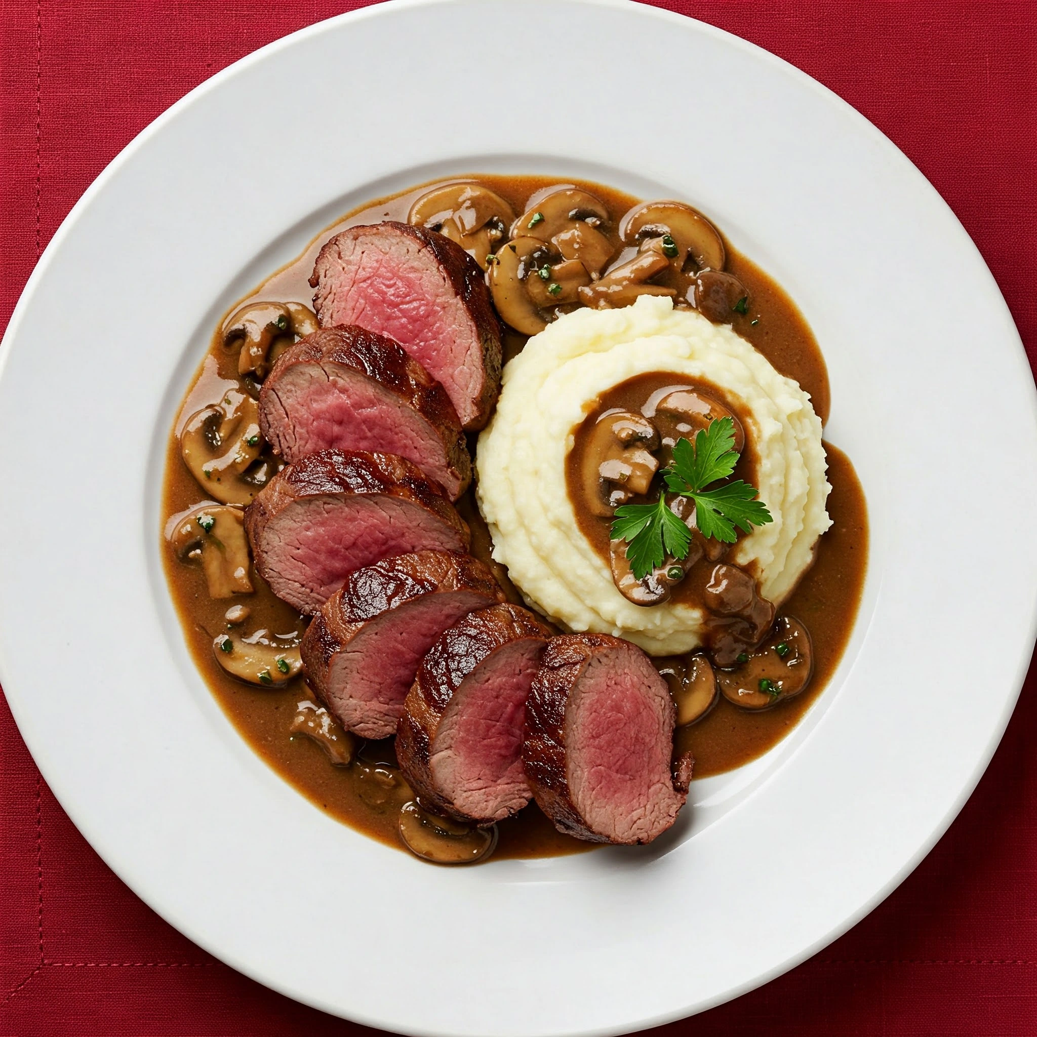 Elk Tenderloin with Mushroom Ragout and Mashed Potatoes