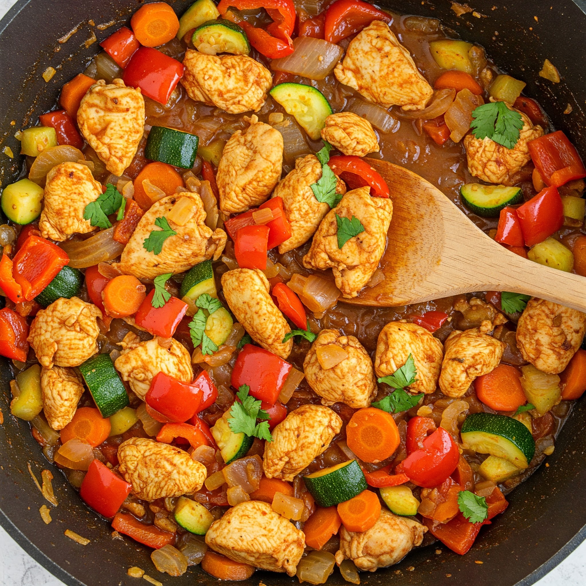 A delicious one-pot dish with tender chicken chunks simmering in a flavorful sauce with colorful vegetables.