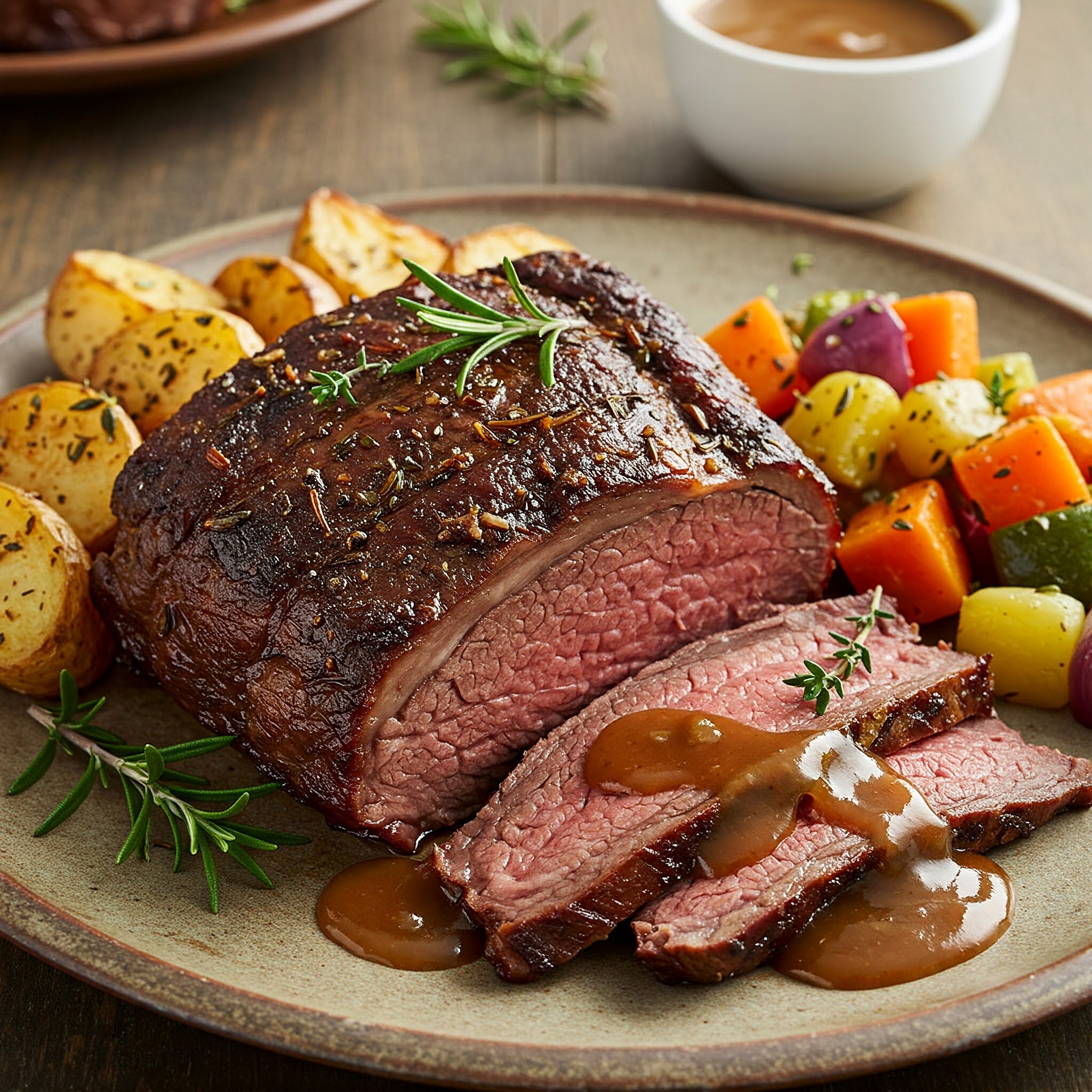 Rustic Chuck Roast with Sides of Potatoes and Vegetables