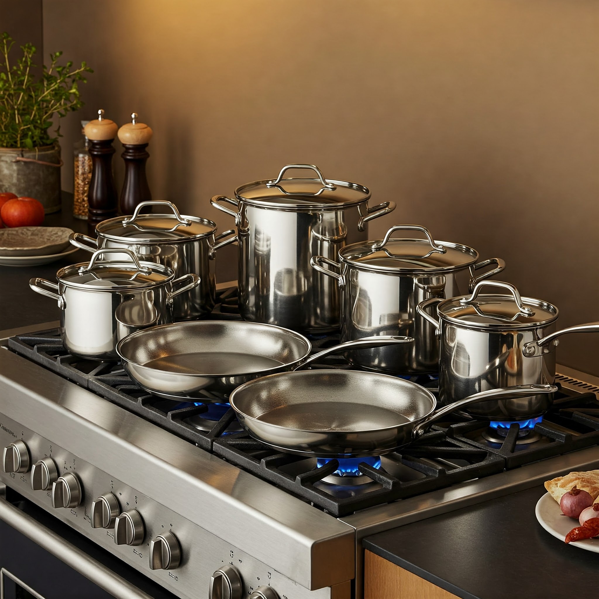 A stainless steel cookware set, consisting of various pots and pans, rests on a modern gas stovetop. The cookware gleams under the warm light, reflecting the stove's burners.