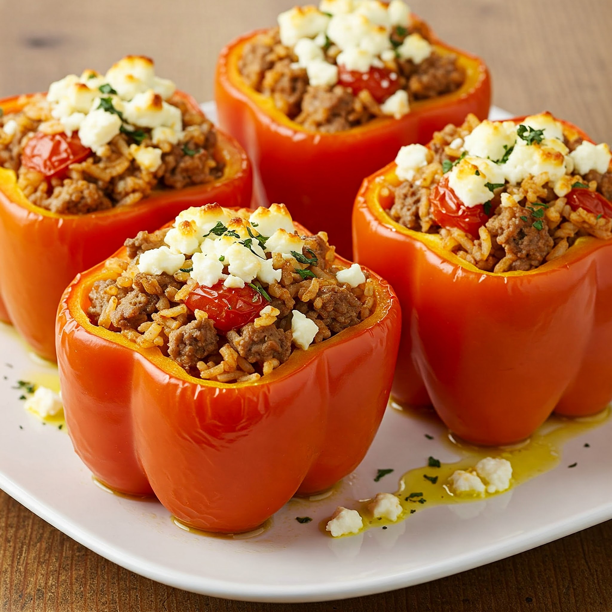 Mediterranean Ground Beef & Feta Stuffed Peppers with Lemon-Herb Oil