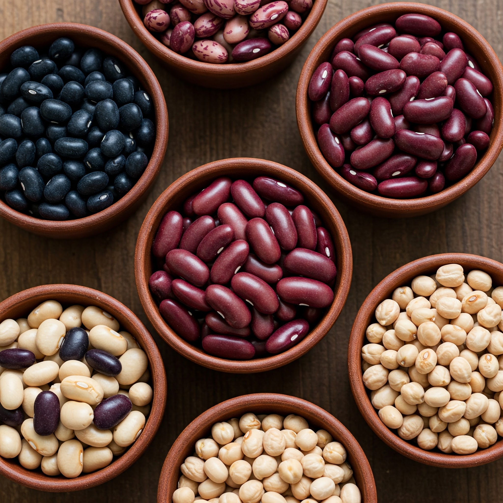 Different types of beans in bowls on a table.