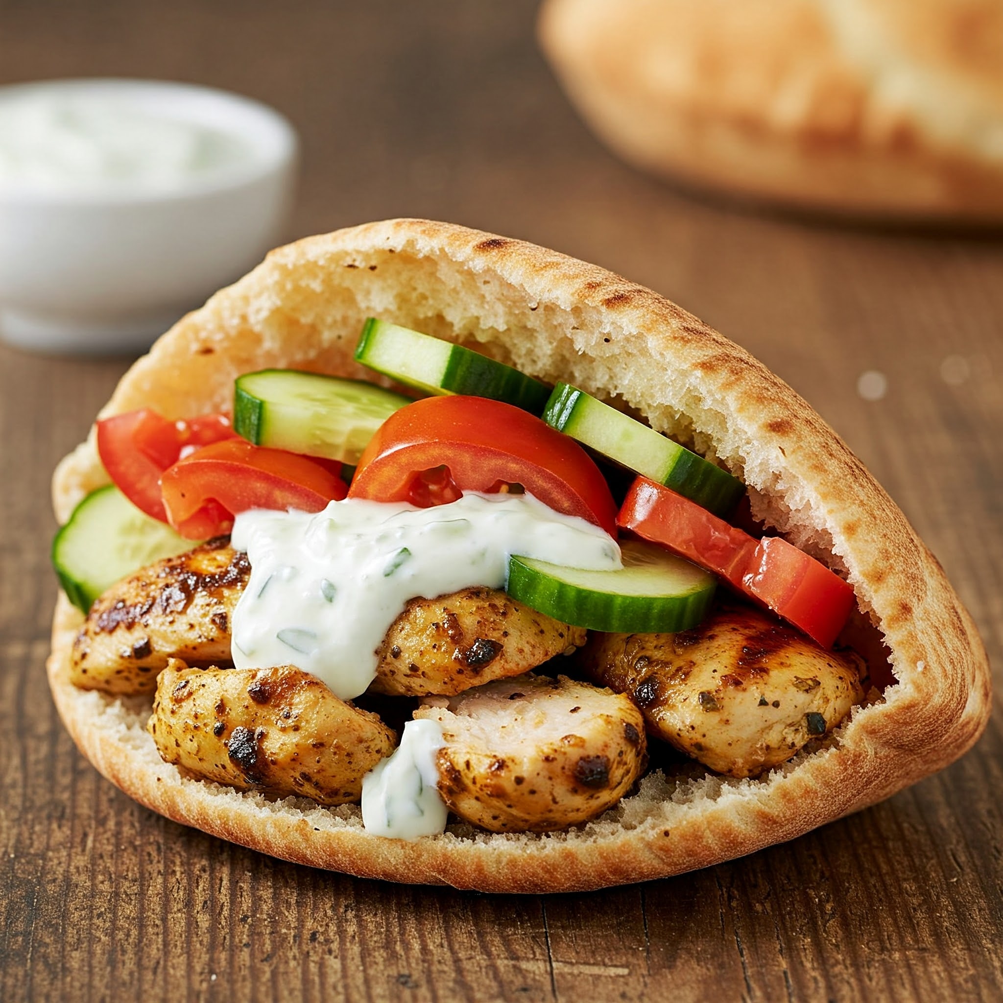 Mediterranean Chicken Pita Pockets, filled with grilled chicken, fresh vegetables, and a creamy sauce.