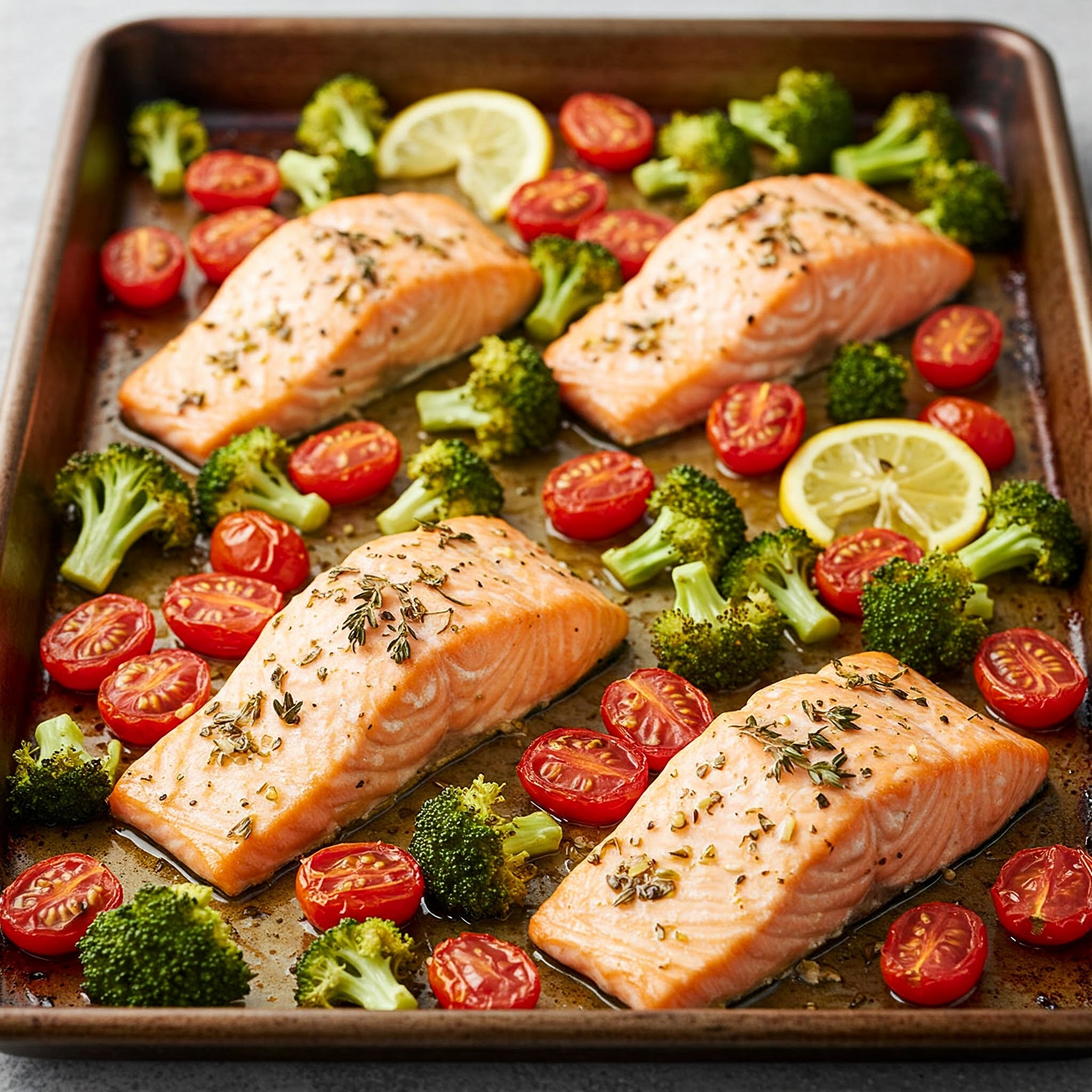 Sheet Pan Lemon Herb Salmon with Broccoli and Cherry Tomatoes