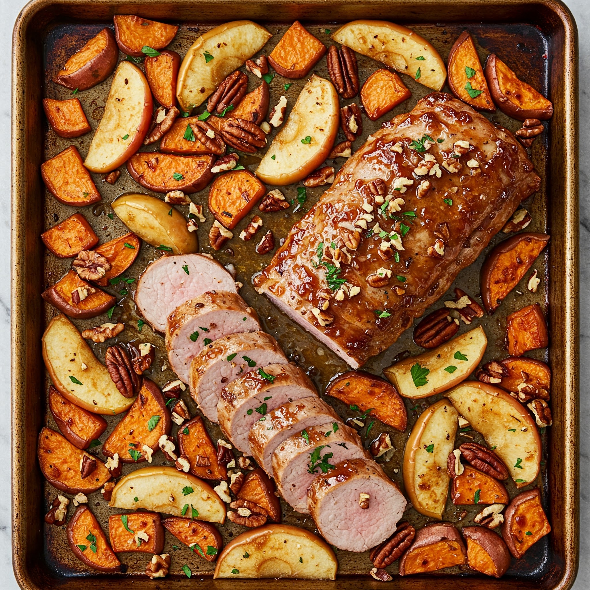 Sheet Pan Maple-Glazed Pork Tenderloin with Sweet Potatoes and Apples