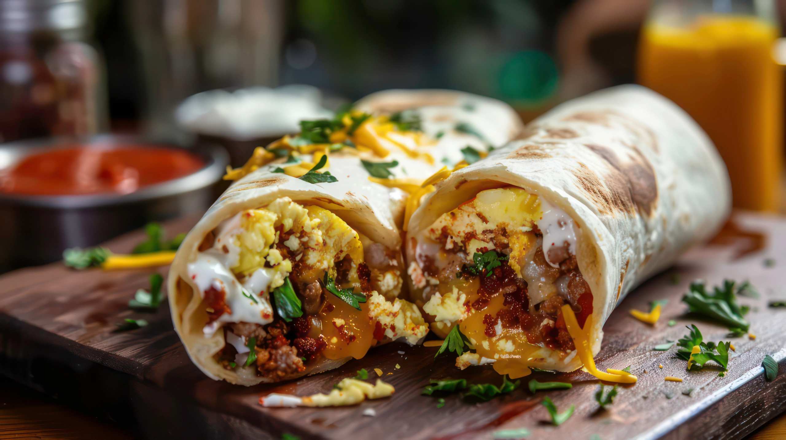 two breakfast burritos oozing with egg chorizo meat melted cheese cilantro and sour cream