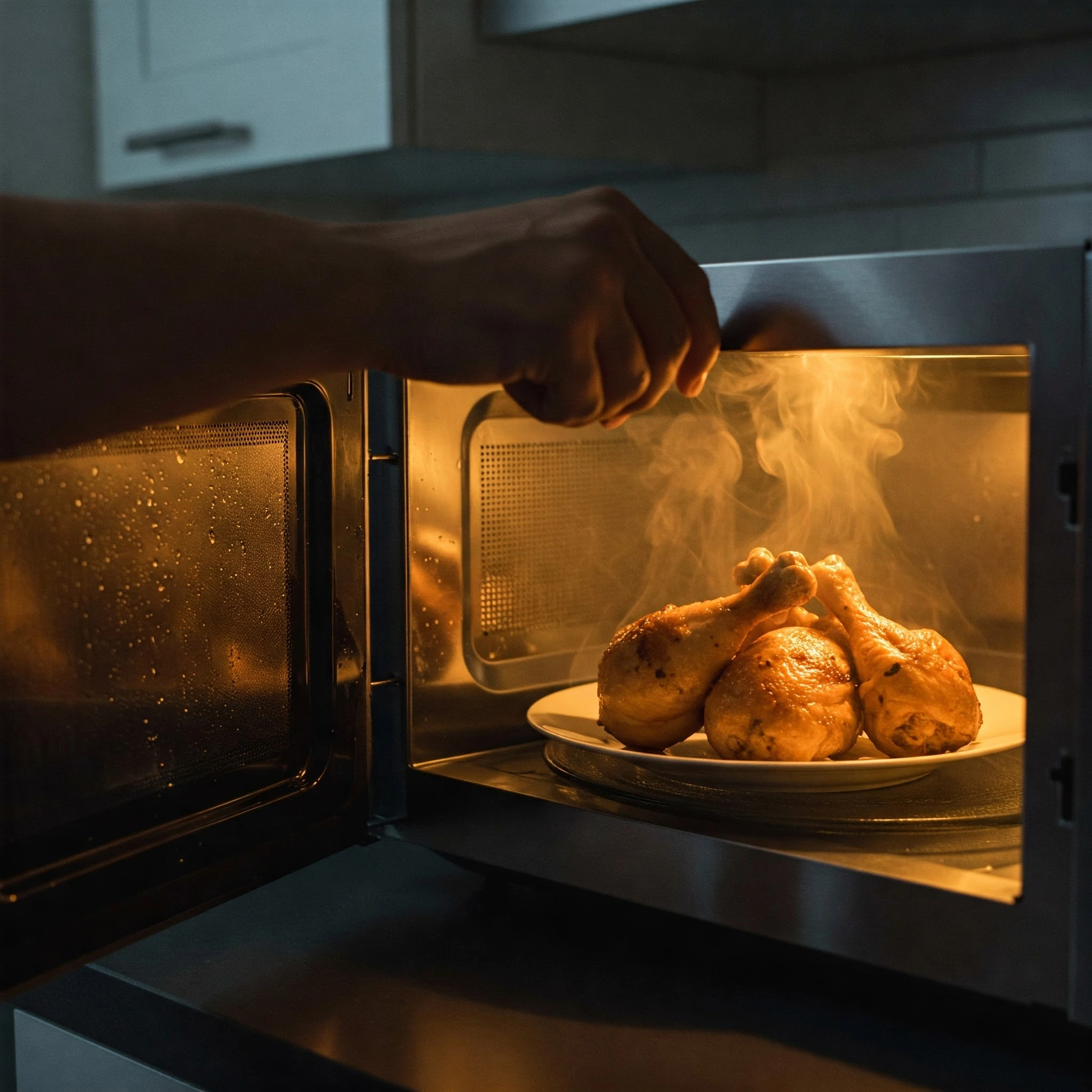 Microwave chicken drumsticks coming out of microwave