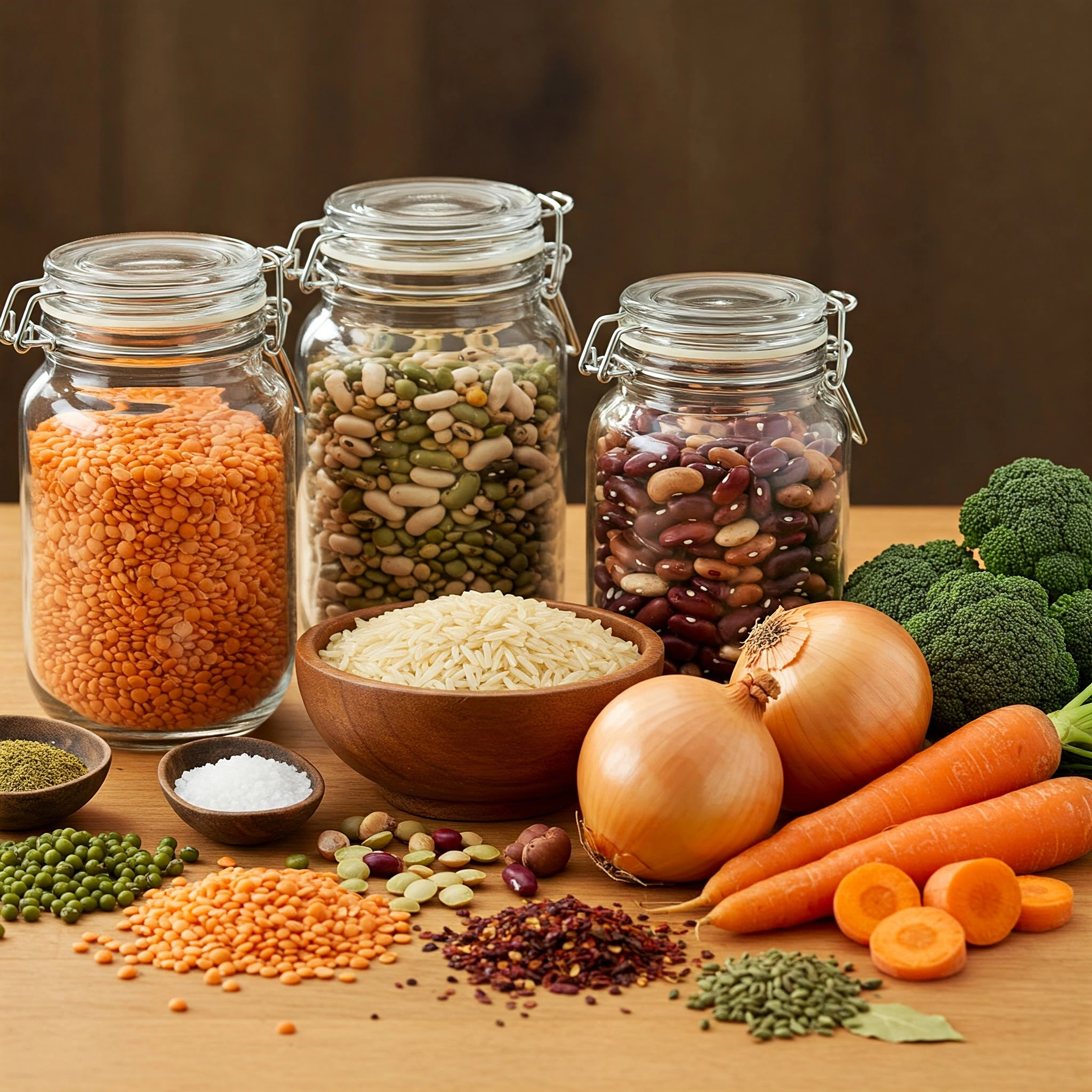 Vegan recipe ingredients including lentils, beans, rice and veggies.