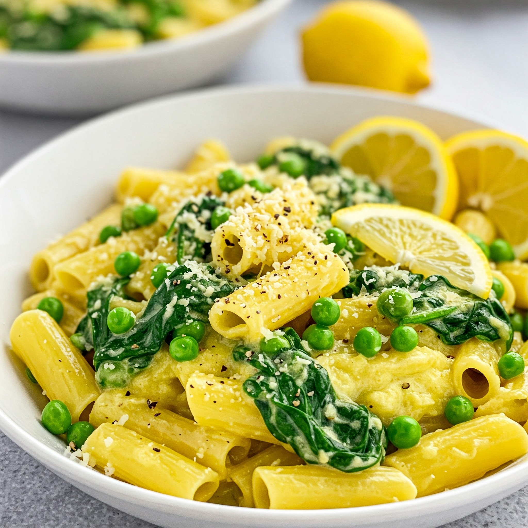 Citrusy Lemon Ricotta Rigatoni with Spinach & Peas