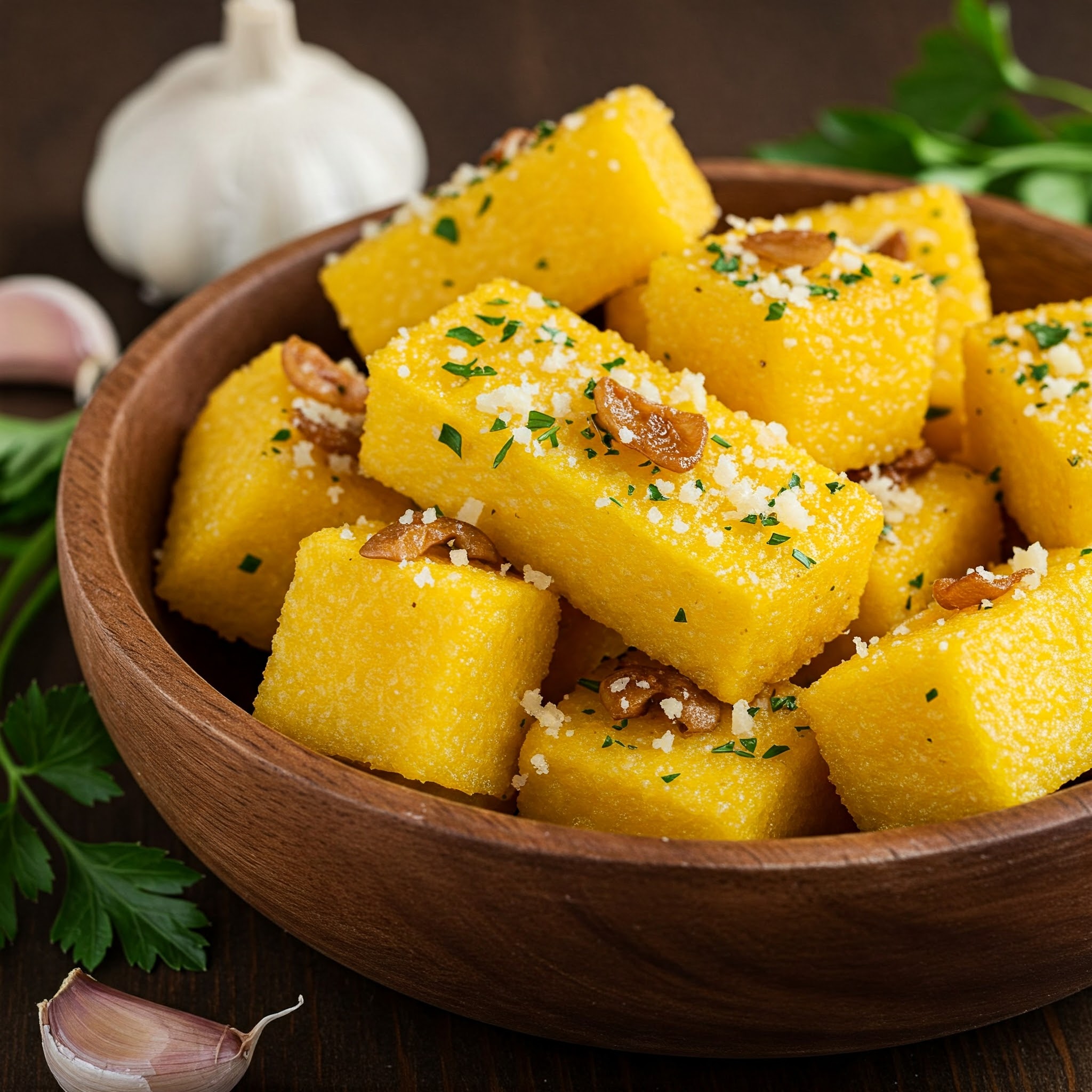 Golden Garlic Parmesan Polenta Bites