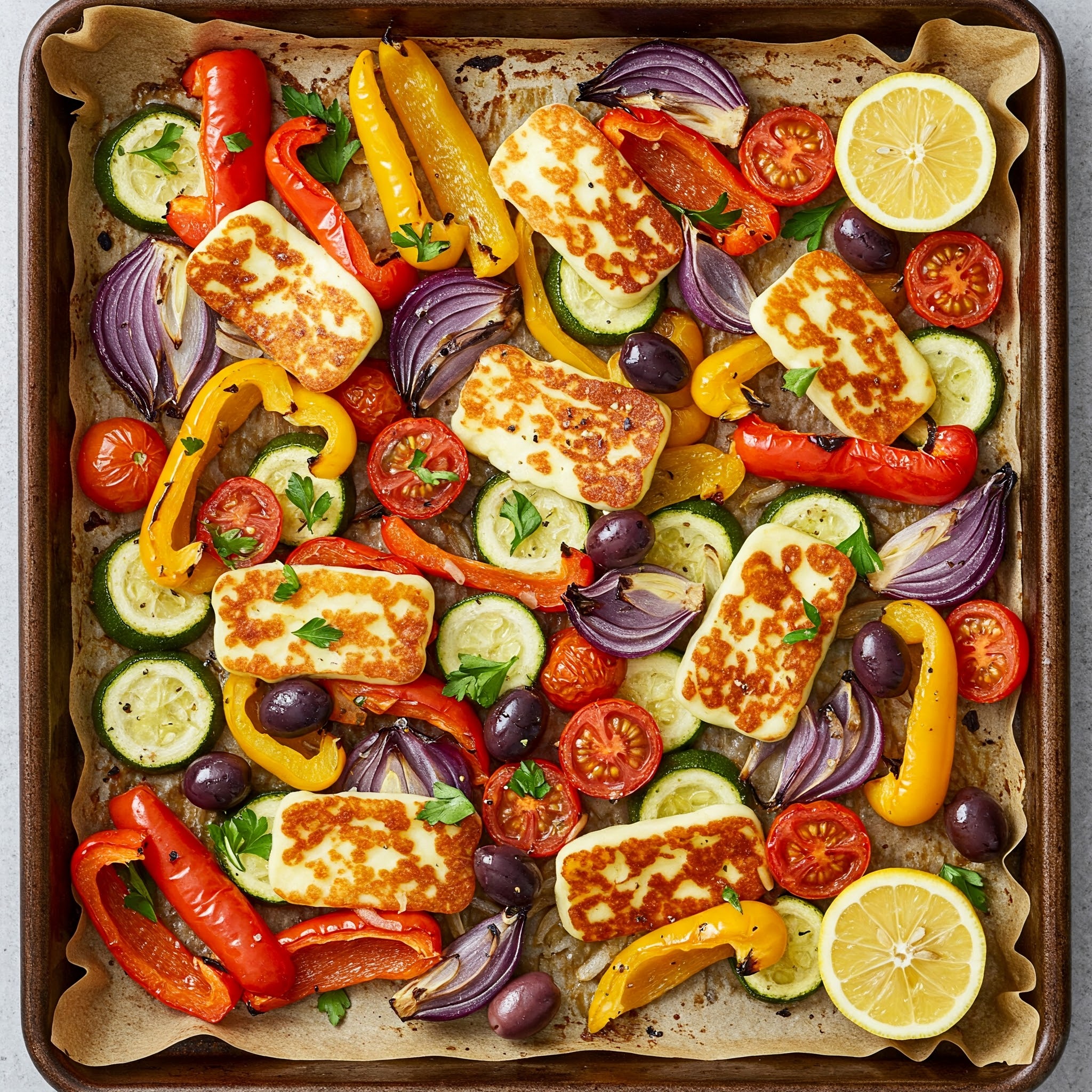 Golden Halloumi & Mediterranean Veggie Sheet Pan Delight