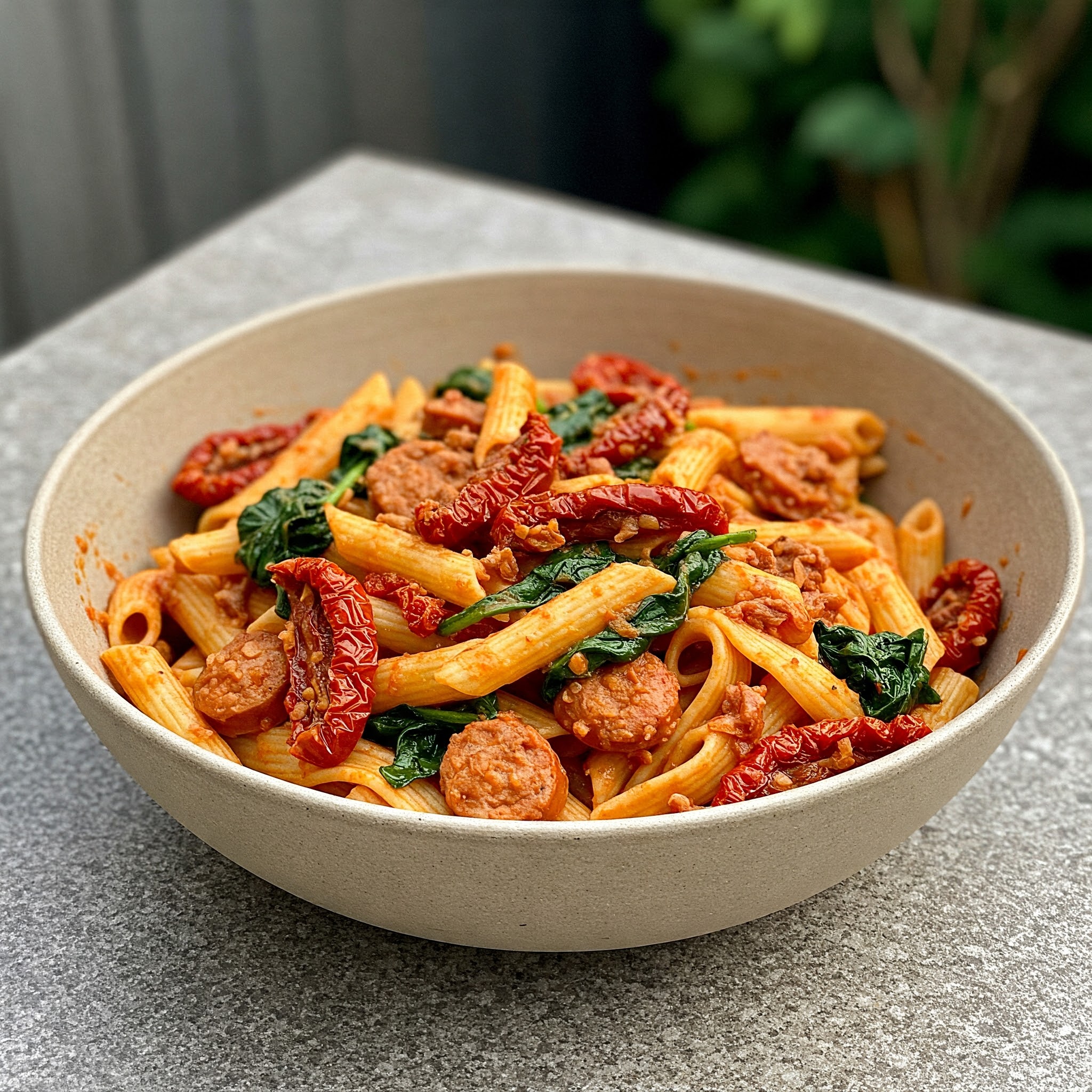 Rich Sun-Dried Tomato & Spinach Sausage Pasta