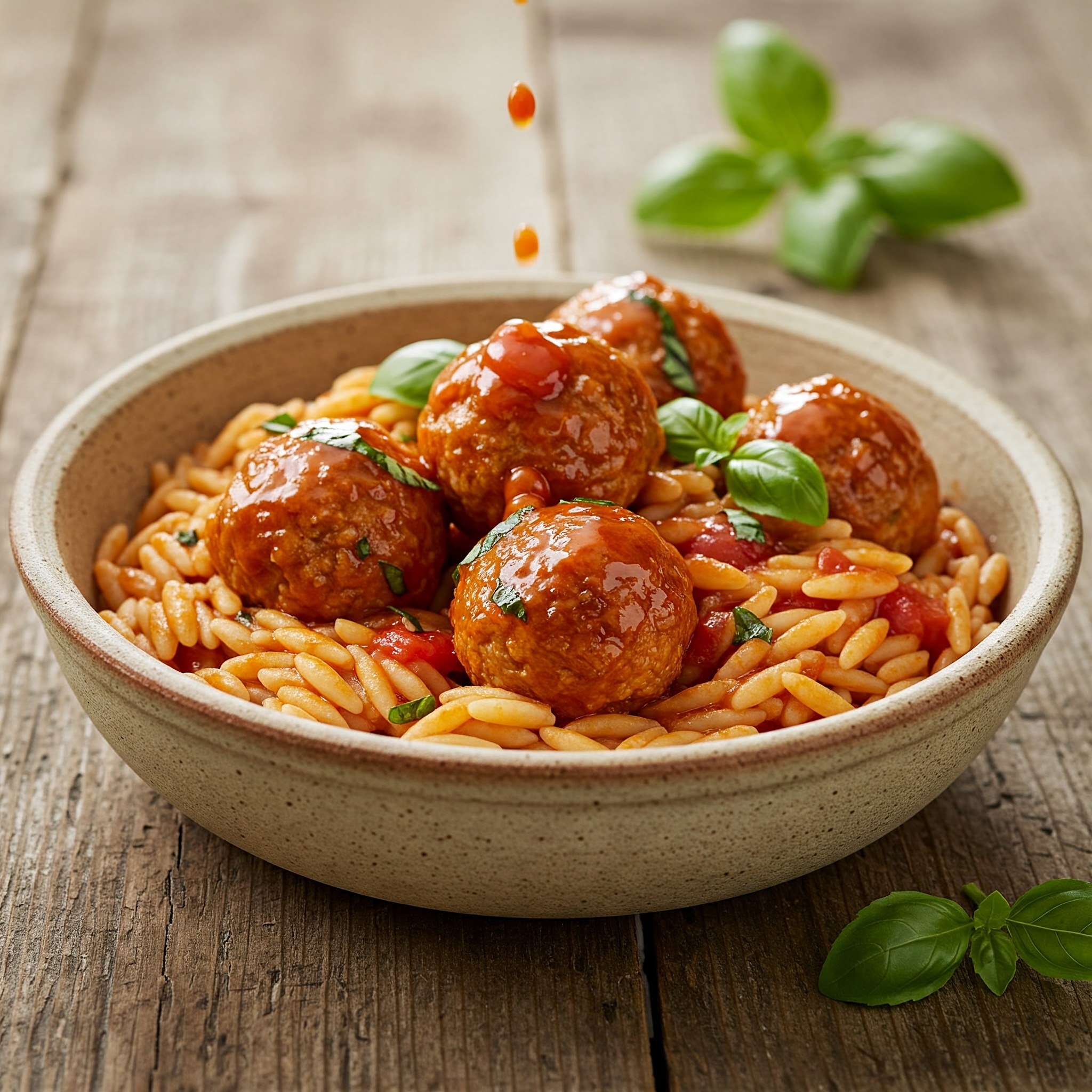 Savory Turkey Meatballs with Tomato Orzo